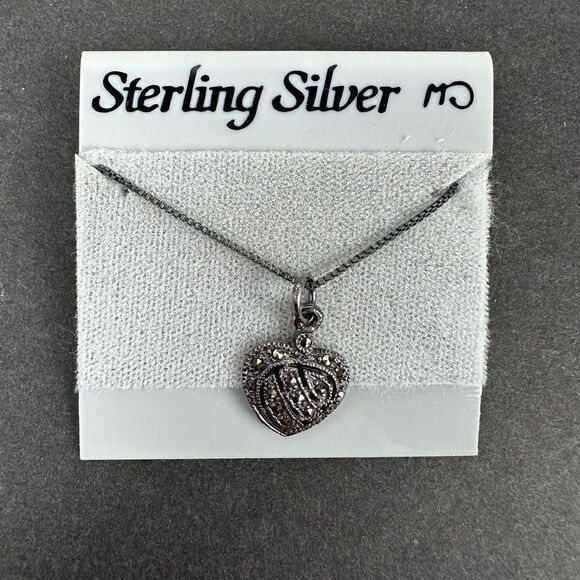 Sterling Silver Metal Studded Crystalized Heart Shape Box Chain Necklace White - Picture 3 of 4